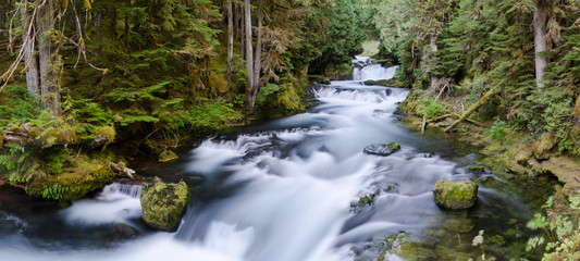 Clear mountain river flows through forest below distant waterfalls.