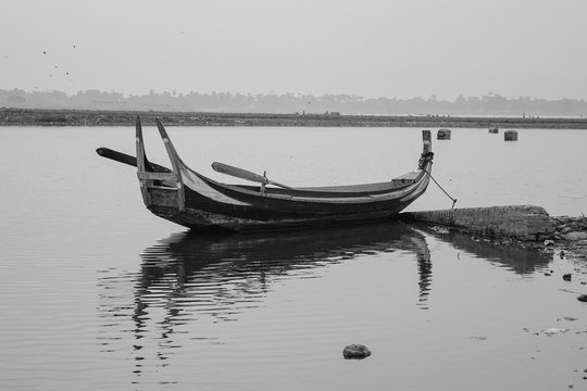 Wooden boats on the lake in Mandalay, Myanmar