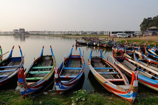 Wooden boats on the lake in Mandalay, Myanmar