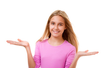 Fototapeta premium Beautiful girl showing something on the palms of her hands.Isolated