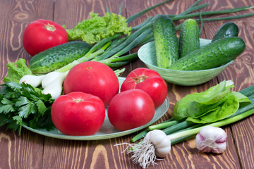 Свежие огурцы,помидоры и зелень в тарелках на деревянном фоне