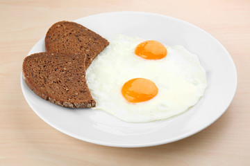 Homemade over easy fried eggs with bread on plate