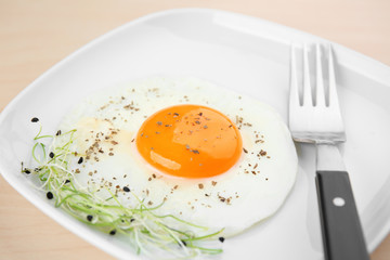 Homemade over easy fried egg with spices on plate