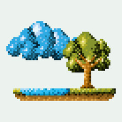 Obraz premium color pixelated forest landscape in meadow with tree next to the river and cloud vector illustration