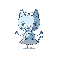 blue color shading silhouette caricature of cute female cat in skirt with bow lace with happiness expression and smile vector illustration