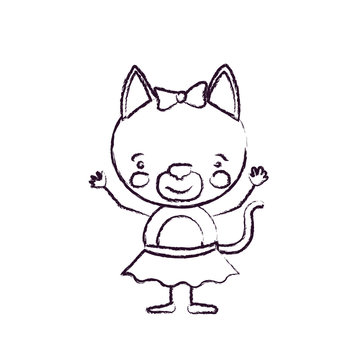 blurred silhouette caricature of cute expression female cat in skirt with bow lace with hands up vector illustration