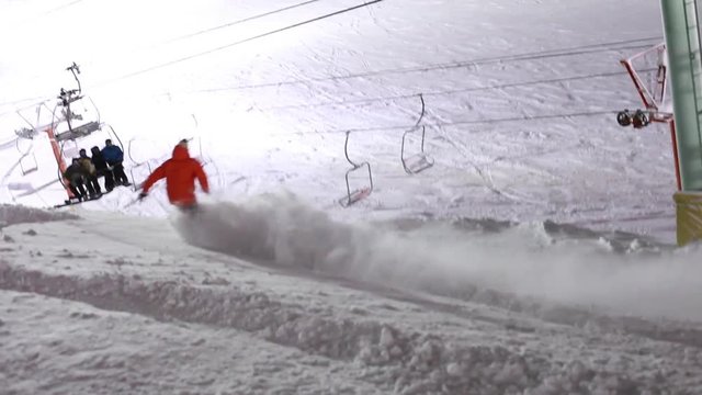 Night Snowboarding Red Jacket Snowboarder Deep Powder Spray Chair Lift