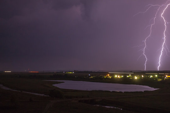 Lightning in the landscape above the countryside