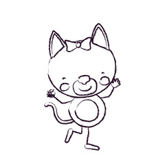blurred sketch contour caricature of cute expression female cat in dance pose with bow lace vector illustration