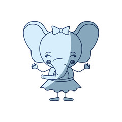 blue color shading silhouette caricature of cute expression and eyes closed of female elephant in skirt with bow lace vector illustration