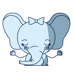 blue color shading silhouette caricature of cute expression half body and eyes closed of female elephant with bow lace vector illustration