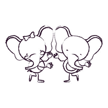 blurred sketch contour caricature with couple of elephants dancing vector illustration