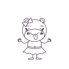 sketch silhouette caricature of female hippo in skirt with bow lace and sticking out tongue expression vector illustration
