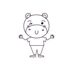 sketch silhouette caricature of cute hippopotamus wink eye expression in clothes vector illustration