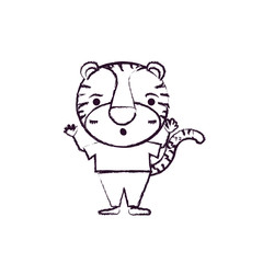 blurred silhouette caricature of cute tiger astonished expression in clothes vector illustration