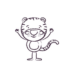 blurred silhouette caricature of cute tigger happiness expression with hands up vector illustration