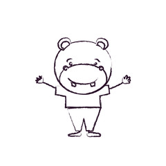 blurred silhouette caricature of cute hippo happiness expression with hands up in clothes vector illustration