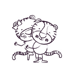 blurred sketch contour caricature with couple of tigers one carrying the other cute animals love vector illustration