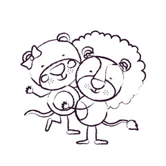 blurred sketch contour caricature with couple of lioness and lion one carrying the other cute animals love vector illustration