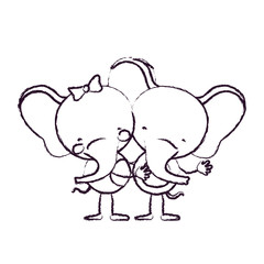 blurred sketch contour caricature with couple of elephants embraced vector illustration