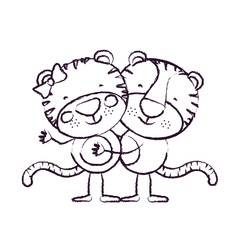blurred sketch contour caricature with couple of tigers embraced vector illustration