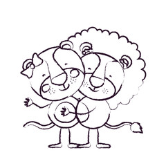 blurred sketch contour caricature with couple of lioness and lion embraced vector illustration