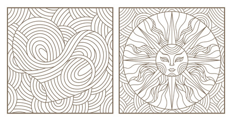Set contour illustrations of stained glass with abstract sun and heart