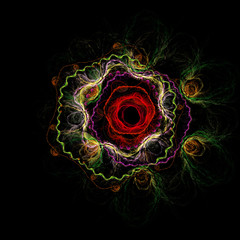 Abstract stylized rose flower on white background. Fantasy fractal design in bloody red, green and yellow colors. Digital art. 3D rendering.