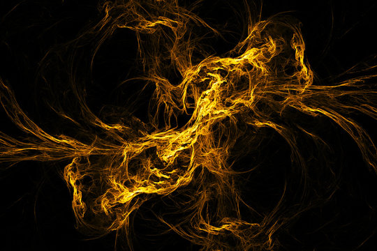Abstract golden swirly lines on black background. Fantasy fractal artwork. 3D rendering.