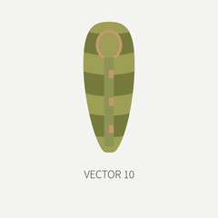 Line tile color vector hunt and camping icon sleeping bag. Hunter equipment, armament. Retro cartoon style. Wildlife travel. Camouflage. Forest. Illustration and element for your design, wallpaper.