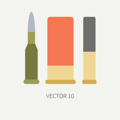 Line tile color vector hunt and camping icon cartridge set. Hunter equipment, armament. Retro cartoon style. Wildlife travel. Camouflage. Forest. Illustration and element for your design, wallpaper.