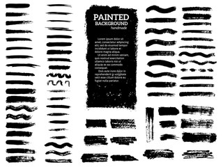 Painted grunge stripes set. Black  labels, background, paint texture. Brush strokes vector. Handmade design elements.