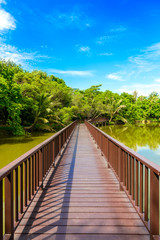 Obraz na płótnie Canvas Wooden bridge walkway in Sri Nakhon Khuean Khan Park and Botanical Garden