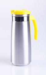 Thermo or Thermo flask from stainless stee on background.