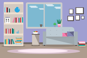 Illustration interior living room with furniture, window, sofa, wardrobe, books, shelves, carpet, flat style against a blue wall background