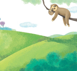 Illustration -  Sloth on a tree branch forest background