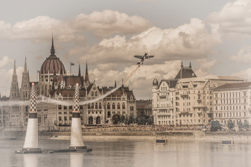 Budapest. Plane on parliament background. Red Bull Air Race