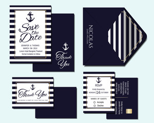 Set of Nautical Wedding Invitation Card and Marine banners. Elegant templates in white and navy blue colors. Vector/Illustration