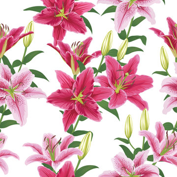 Seamless pattern with colorful lilies flower on white background. Vector set of blooming floral for wedding invitations and greeting card design.