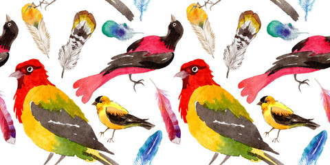 Fototapeta premium Sky birds of paradise pattern in a wildlife by watercolor style. Wild freedom, bird with a flying wings. Aquarelle bird for background, texture, pattern, frame, border or tattoo.