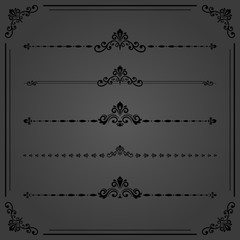 Vintage set of decorative horizontal dark elements. Horizontal separators in the frame. Collection of different ornaments. Classic patterns. Set of vintage patterns