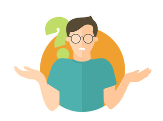 Flat design icon. Handsome man in glasses doubts. Guy with a question mark. Simply editable isolated vector illustration