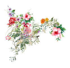 watercolor painting of leaves and flower, on white background