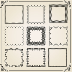 Vintage set of elements. Different square elements for decoration and design frames, cards, menus, backgrounds and monograms. Classic patterns. Set of vintage patterns