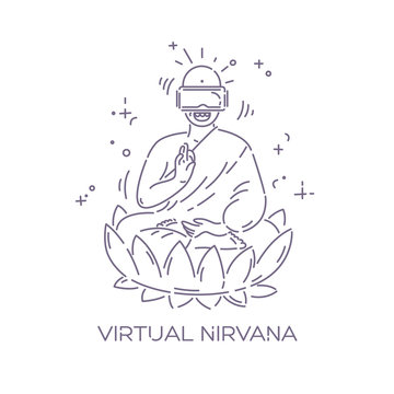 Virtual reality glasses on Buddha. VR headset advertising concept. Virtual nirvana. Dotted line vector illustration