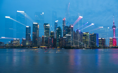 Shanghai skyline panorama,landmarks of Shanghai with Huangpu river at night in China.