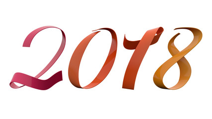 2018 New Year Digits Analogy Colors 15 Degrees Purple Orange Yellow Glossy Metallic Ribbon Title 3D Render In 8K Resolution