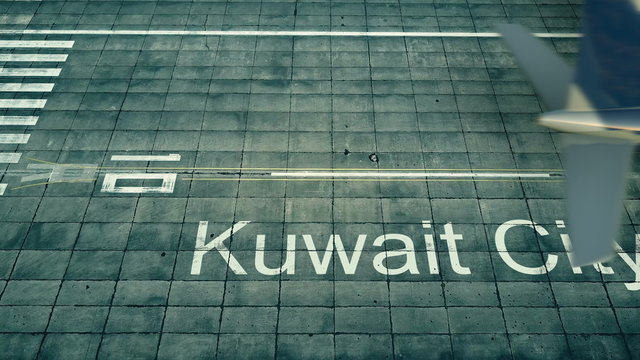 Aerial view of an airplane arriving to Kuwait City airport. Travel to Kuwait 3D rendering