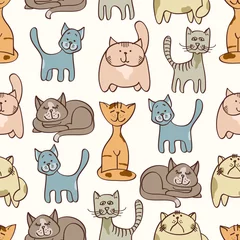 Foto op Plexiglas Katten Hand getekend schattig katten naadloos patroon - huisdieren naadloze achtergrond