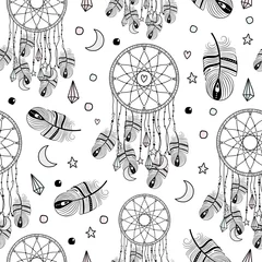 Wall murals Dream catcher Hand drawn seamless pattern. Indian dream catchers, feathers. White background